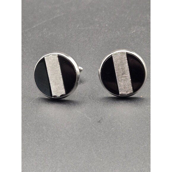 Vintage Black and Silver Round Swank Men's Cufflinks - Picture 1 of 5
